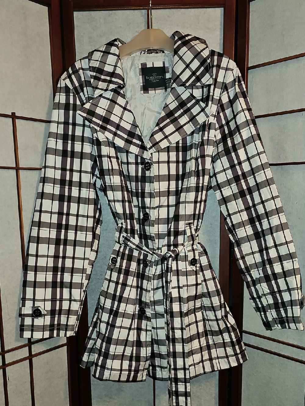 Faded Glory Black and White Plaid Trench Coat